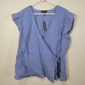 The Limited Women's Flutter Sleeve Surplice blue Gingham Wrap Top XL MSRP $59
